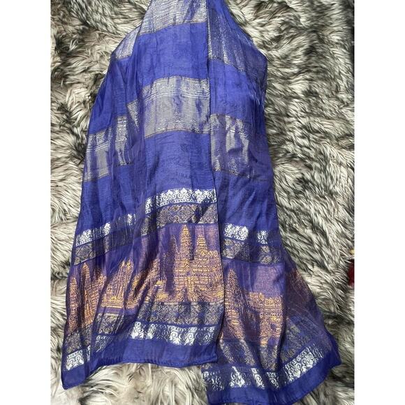Pashina 100%‎ Silk Blue Scarf Shawl Blue Silver and Bronze Color 71 x 19 in - Picture 4 of 4